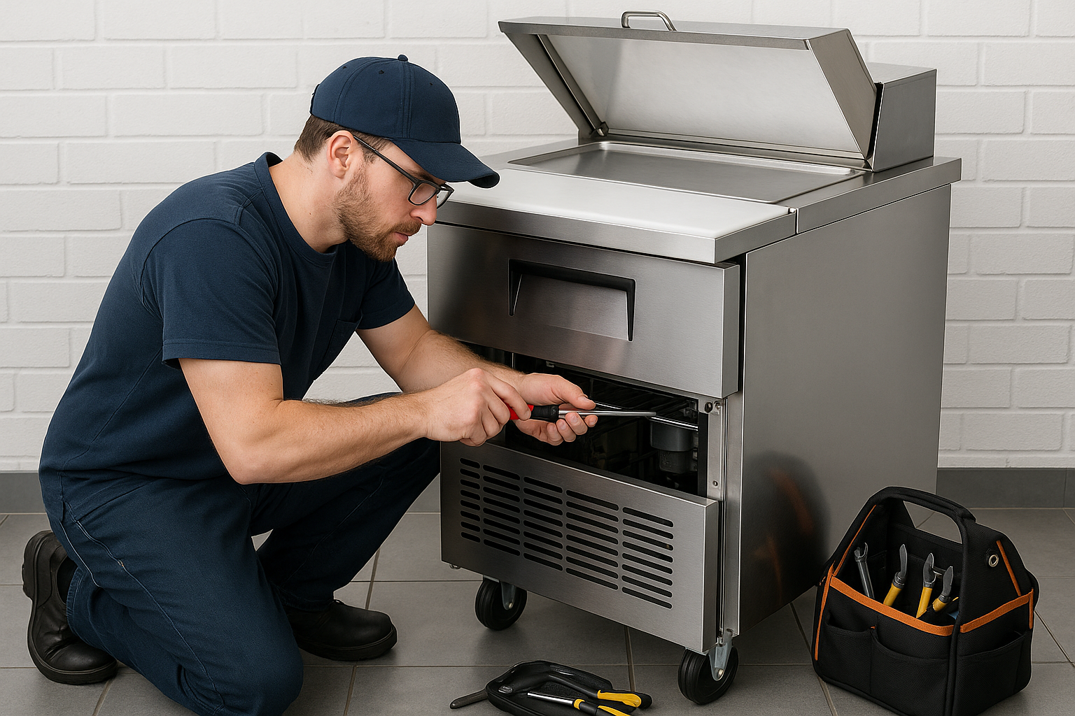 maintanience on a commercial prep table - Ice Age Commercial technician doing preventative maintenance on a prep table phoenix az