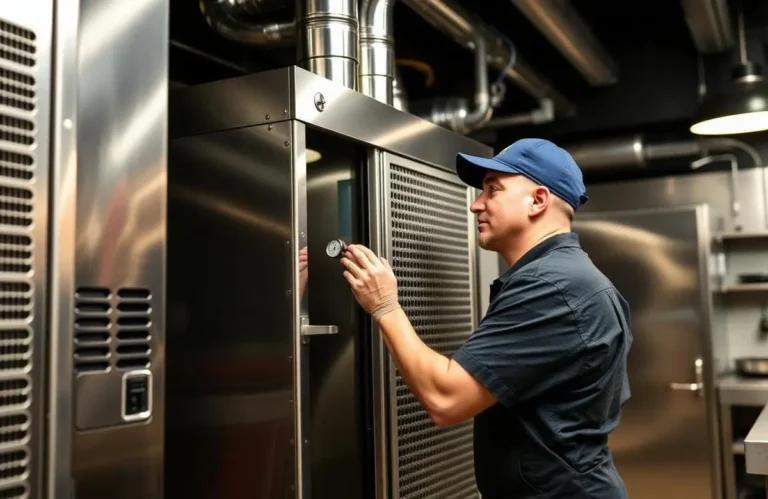 Technician checking the temperature gauge on a stainless steel commercial walk-in cooler