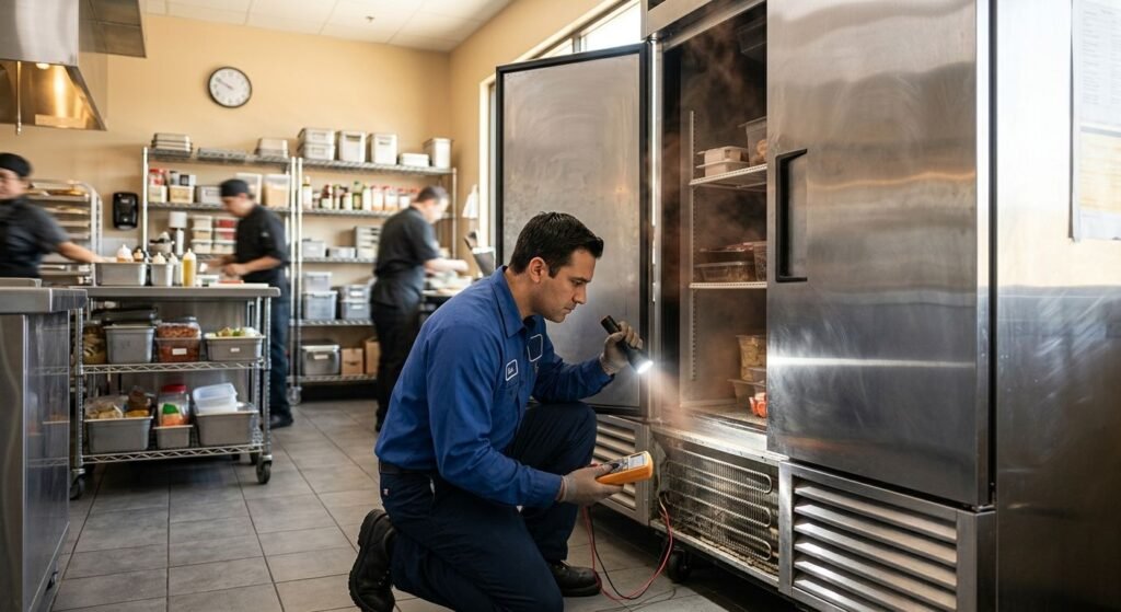 Technician inspecting commercial refrigerator in Phoenix kitchen