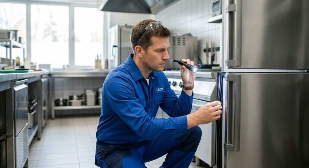 Certified technician inspecting a commercial refrigerator door gasket with a flashlight in a clean Phoenix commercial kitchen with natural lighting and stainless steel equipment.