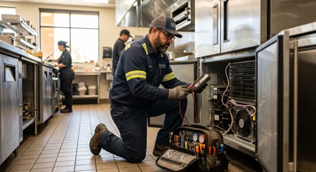 Certified technician in branded uniform kneeling beside open commercial refrigerator with diagnostic tools in modern Phoenix kitchen with stainless steel equipment.
