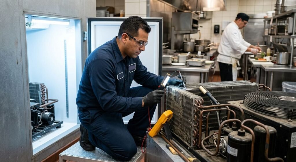 Certified technician in uniform inspecting condenser coils in a walk-in cooler in a Phoenix commercial kitchen