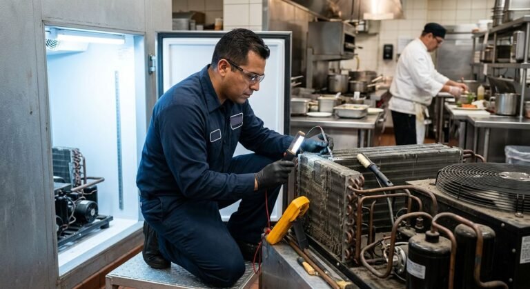Certified technician in uniform inspecting condenser coils in a walk-in cooler in a Phoenix commercial kitchen