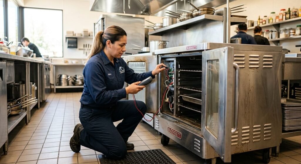 Uniformed technician kneeling beside open commercial oven with diagnostic tool in bright kitchen