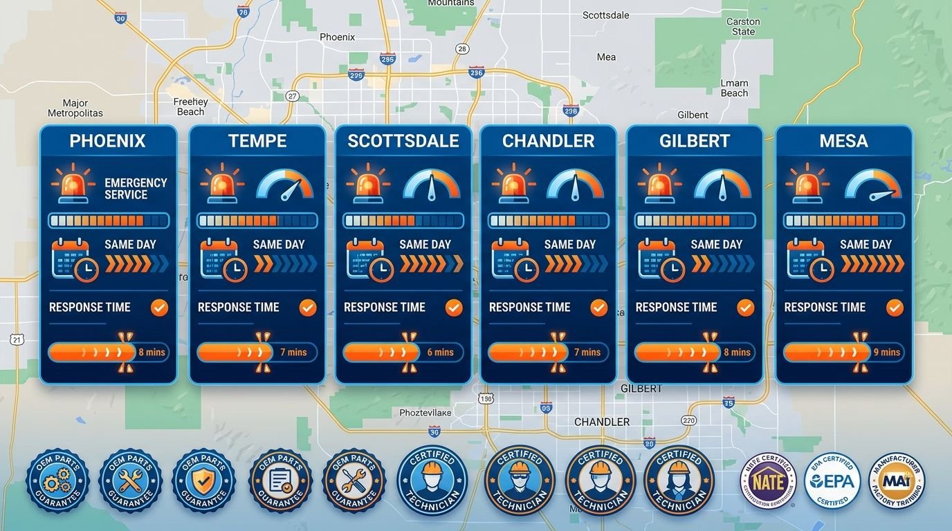 Infographic showing six cities served by Ice Age Commercial for commercial oven repair in the Phoenix Metro Area with same-day, next-business-day, and emergency availability icons and an OEM parts guarantee badge.
