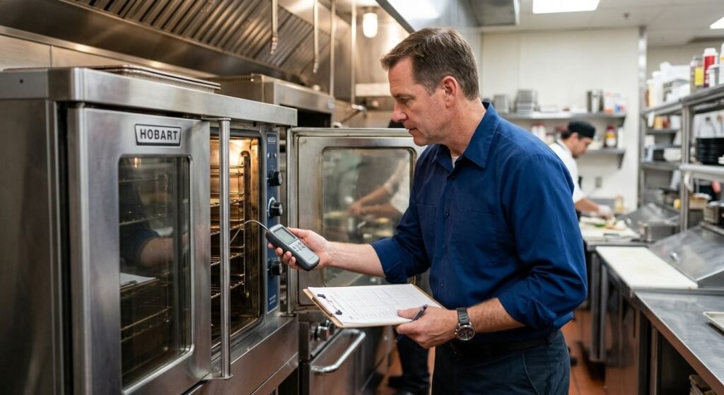 Certified technician in blue uniform inspecting a stainless steel commercial oven in a busy Tempe restaurant kitchen, holding a digital thermometer and checklist