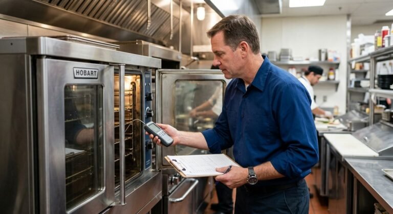 Certified technician in blue uniform inspecting a stainless steel commercial oven in a busy Tempe restaurant kitchen, holding a digital thermometer and checklist