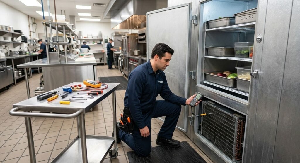 A certified commercial kitchen technician in a clean navy uniform kneels beside an open walk-in cooler, holding a digital thermometer, in a bright kitchen with stainless steel surfaces.