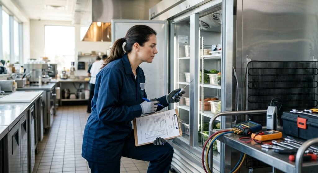 Certified refrigeration technician inspecting commercial refrigerator with cost estimate overlay