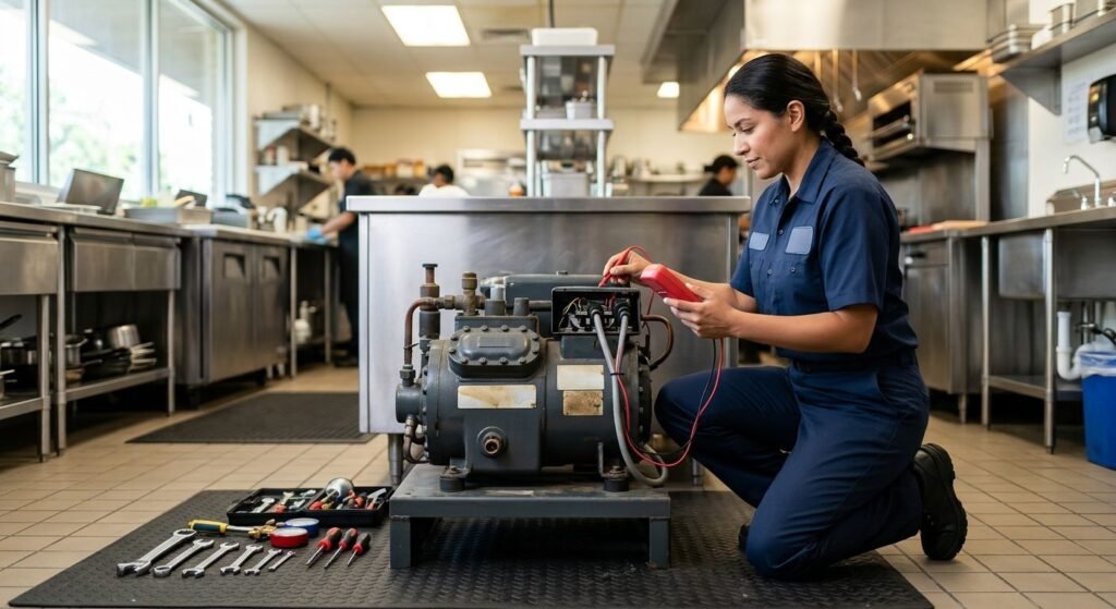 Certified technician in navy blue uniform diagnosing commercial refrigeration compressor with multimeter in bright restaurant kitchen.
