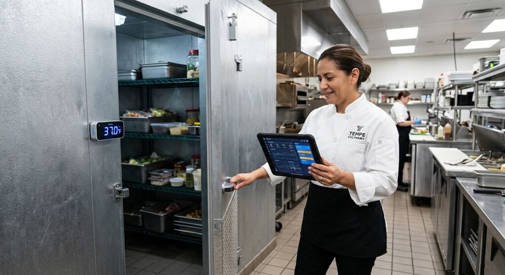 Interior of a clean commercial kitchen in Tempe with an open stainless-steel walk-in cooler, a wireless IoT sensor showing 37°F, and a chef manager monitoring data on a tablet.