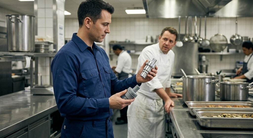 Professional photograph of a commercial refrigeration technician comparing an original equipment manufacturer part to an aftermarket part in a busy kitchen.
