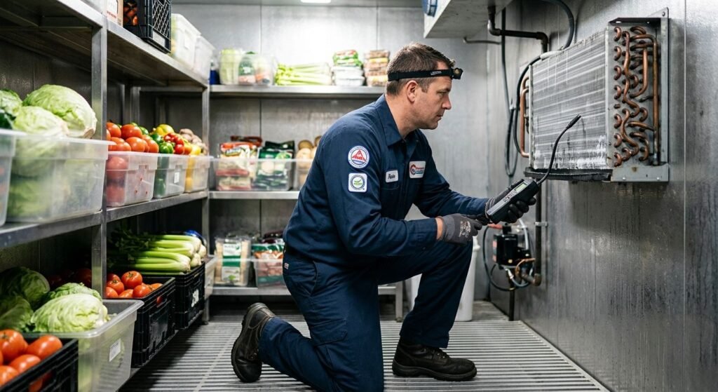 EPA-certified technician inspecting walk-in cooler evaporator coil with refrigerant leak detector in commercial kitchen