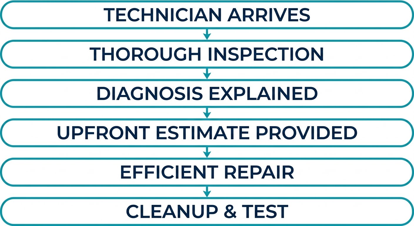 Six-step vertical process flow showing the commercial refrigeration repair customer experience, from technician arrival to cleanup and test.