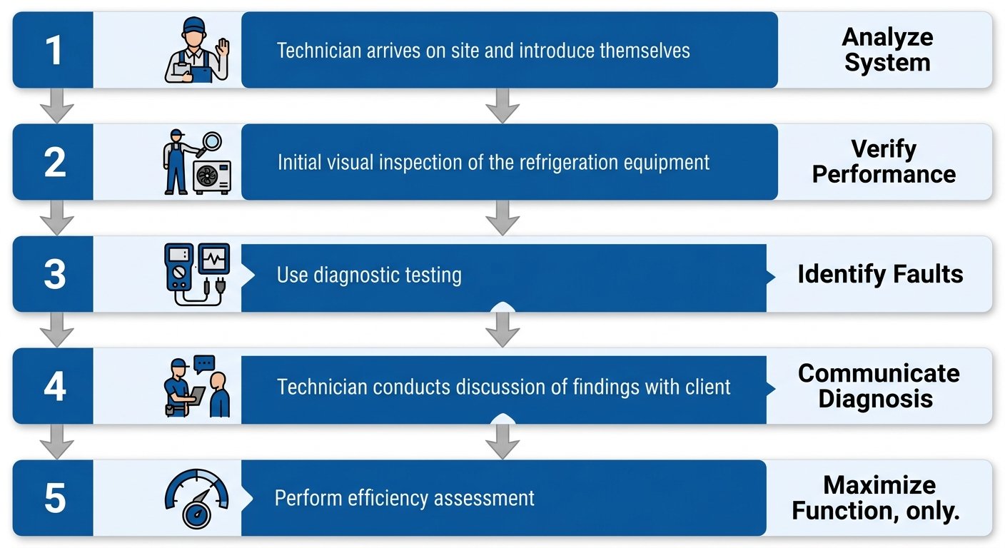 Five-step vertical flow chart showing the technician arrival process for commercial refrigeration service call, beginning with arrival and introduction through visual inspection, diagnostic testing, findings discussion, and energy efficiency assessment.