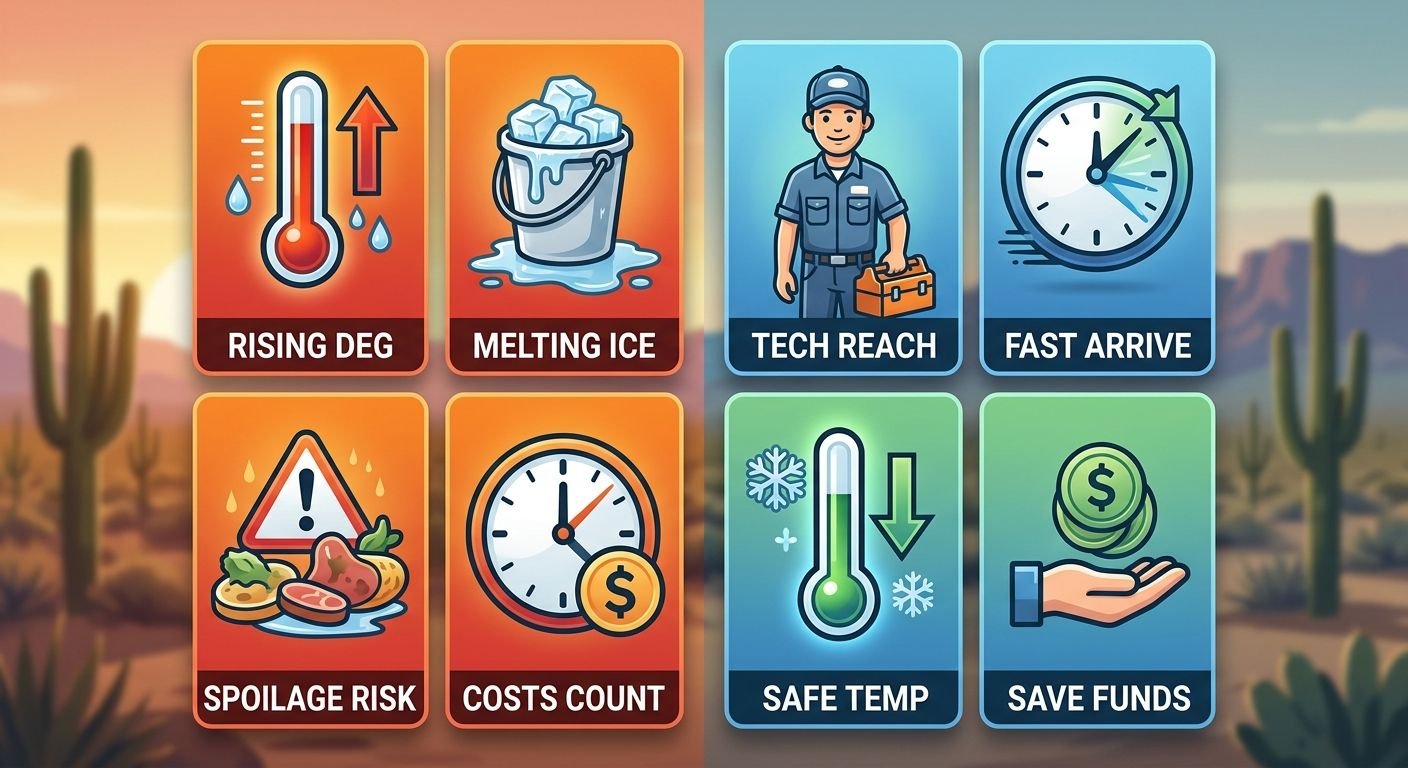 Infographic comparing left side refrigeration breakdown consequences (rising temperature, melting ice, spoilage warning, cost impact) with right side professional repair resolution (technician with tools, fast response, safe temperature, dollar savings) set against Phoenix desert background.