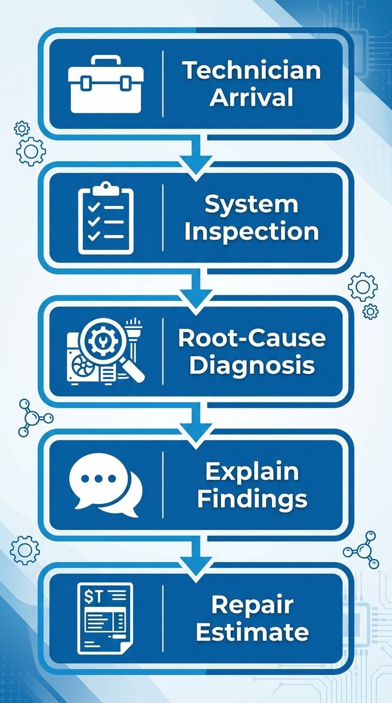 Vertical process flow diagram showing five steps of a commercial refrigeration diagnostic visit: Technician Arrival, System Inspection, Root-Cause Diagnosis, Explain Findings, and Repair Estimate, with blue and white rounded rectangles connected by arrows.