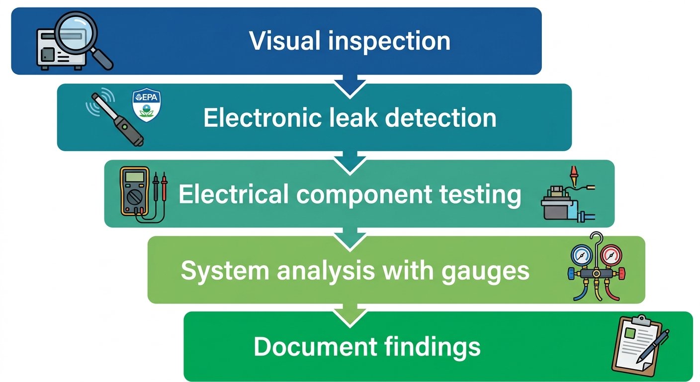 Vertical process flow showing five diagnostic stages for commercial refrigeration repair: visual inspection, electronic leak detection, electrical component testing, system analysis, and documenting findings, at Ice Age Refrigeration.
