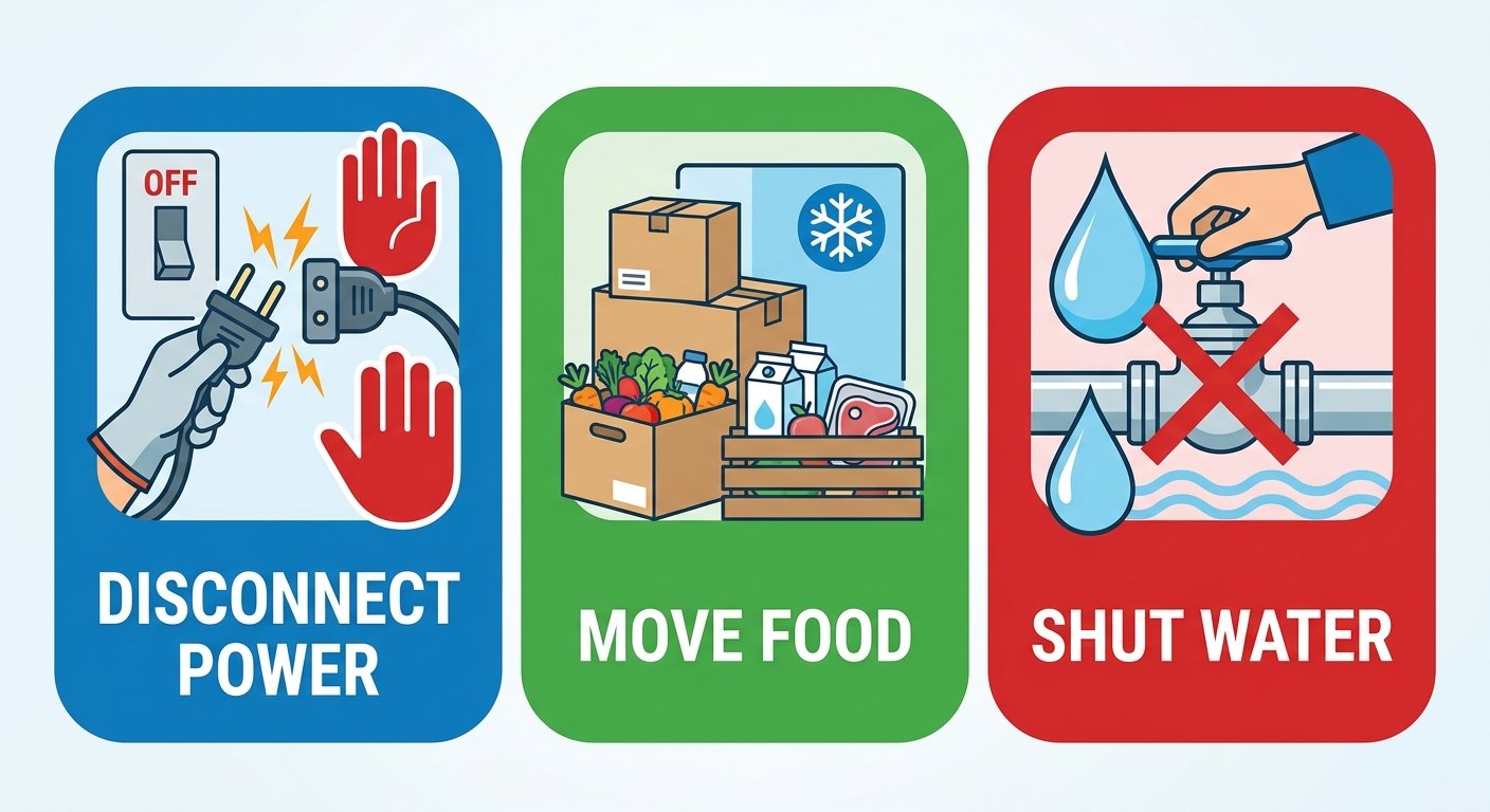 Horizontal process flow with three steps for commercial refrigeration emergencies: Disconnect Power with blue safety icon, Move Food to backup storage with green box icon, and Shut Water supply with red water drop icon. Clean corporate style on light gradient background.