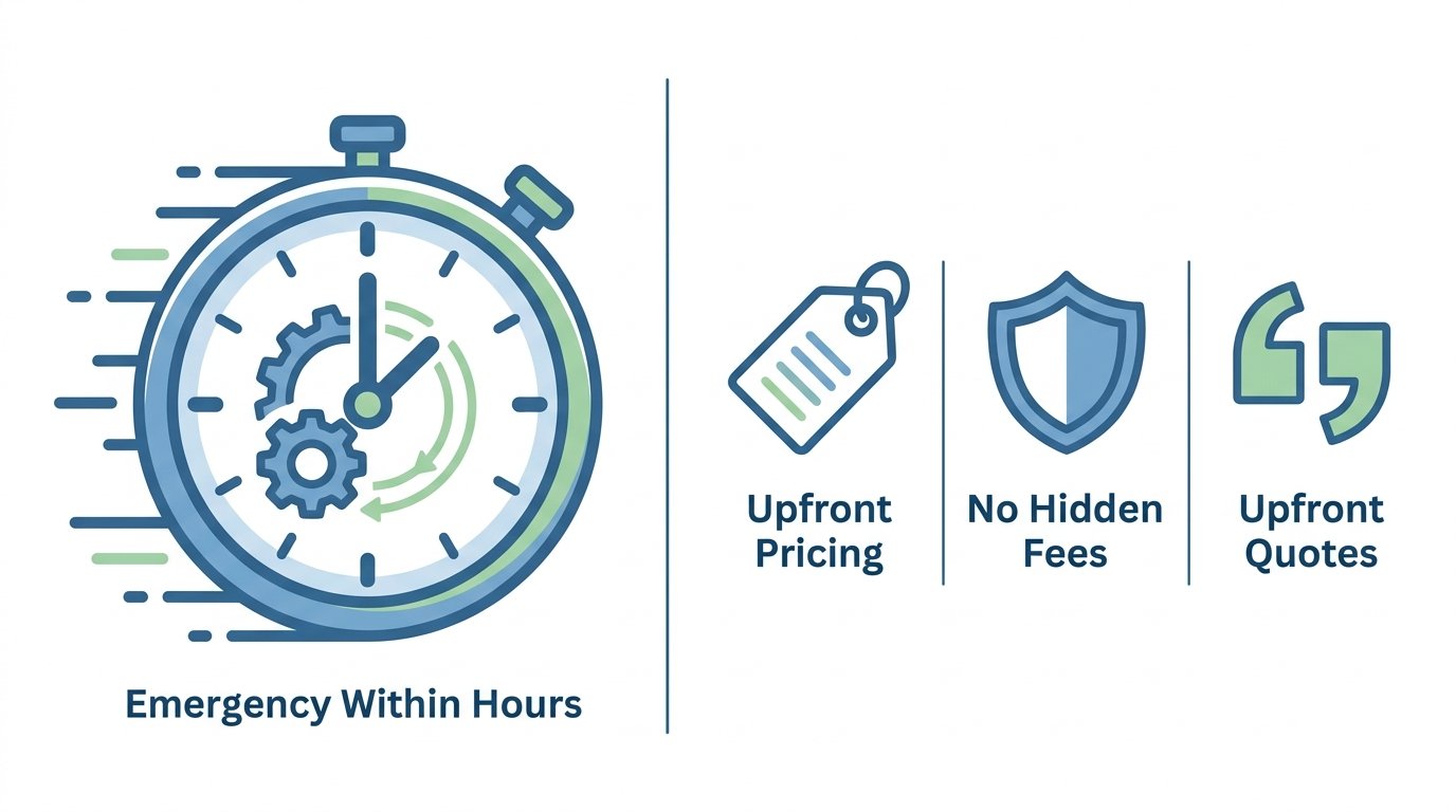 Infographic showing transparent pricing and fast response for commercial appliance repair in Phoenix, with a clock icon for emergency response and three commitment icons for upfront pricing, no hidden fees, and upfront quotes.