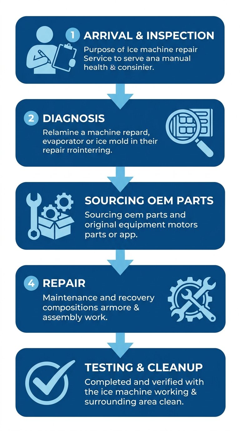 Vertical process flow showing five stages of ice machine repair at Ice Age Refrigeration: Arrival and Inspection, Diagnosis, Sourcing OEM Parts, Repair, and Testing and Cleanup, each with icons and connected by downward arrows.