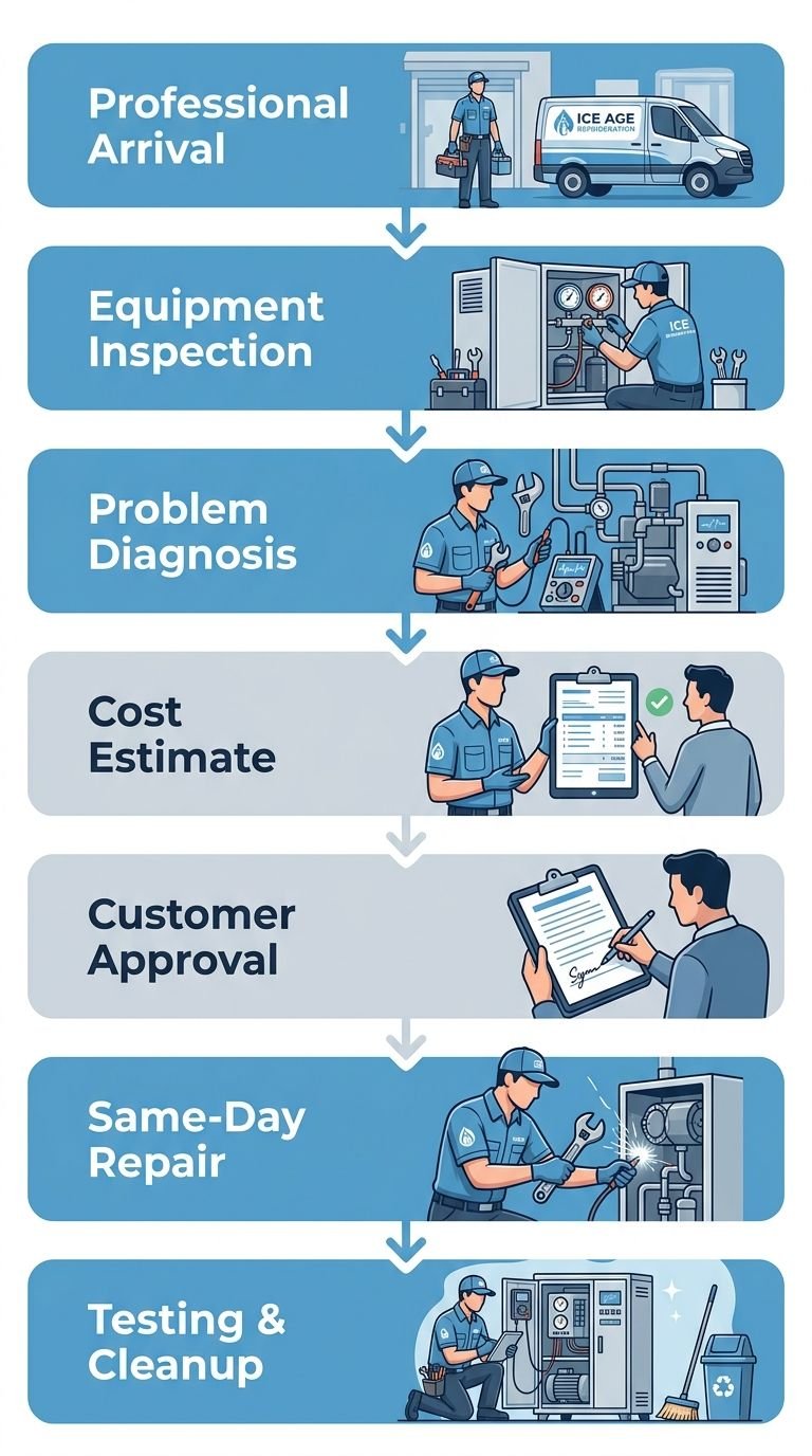 Vertical process flow diagram showing seven stages of Ice Age Refrigeration technician service for Tempe businesses, from professional arrival to testing and cleanup, with blue and gray color scheme and arrow connections.