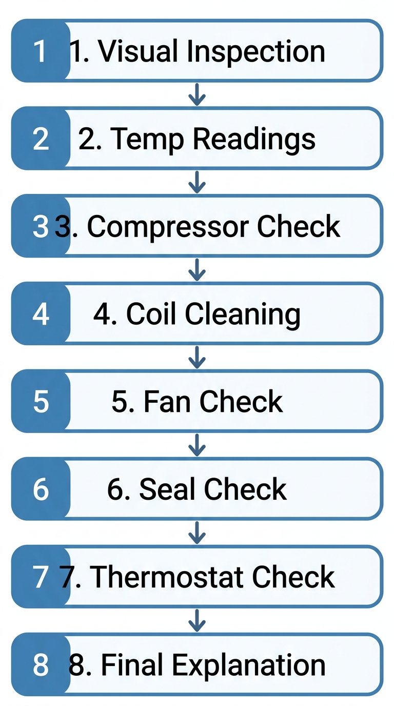 Vertical process flow diagram showing eight diagnostic steps for True refrigerator repair: Visual Inspection, Temp Readings, Compressor Check, Coil Cleaning, Fan Check, Seal Check, Thermostat Check, and Final Explanation, connected by downward arrows in blue and white palette.