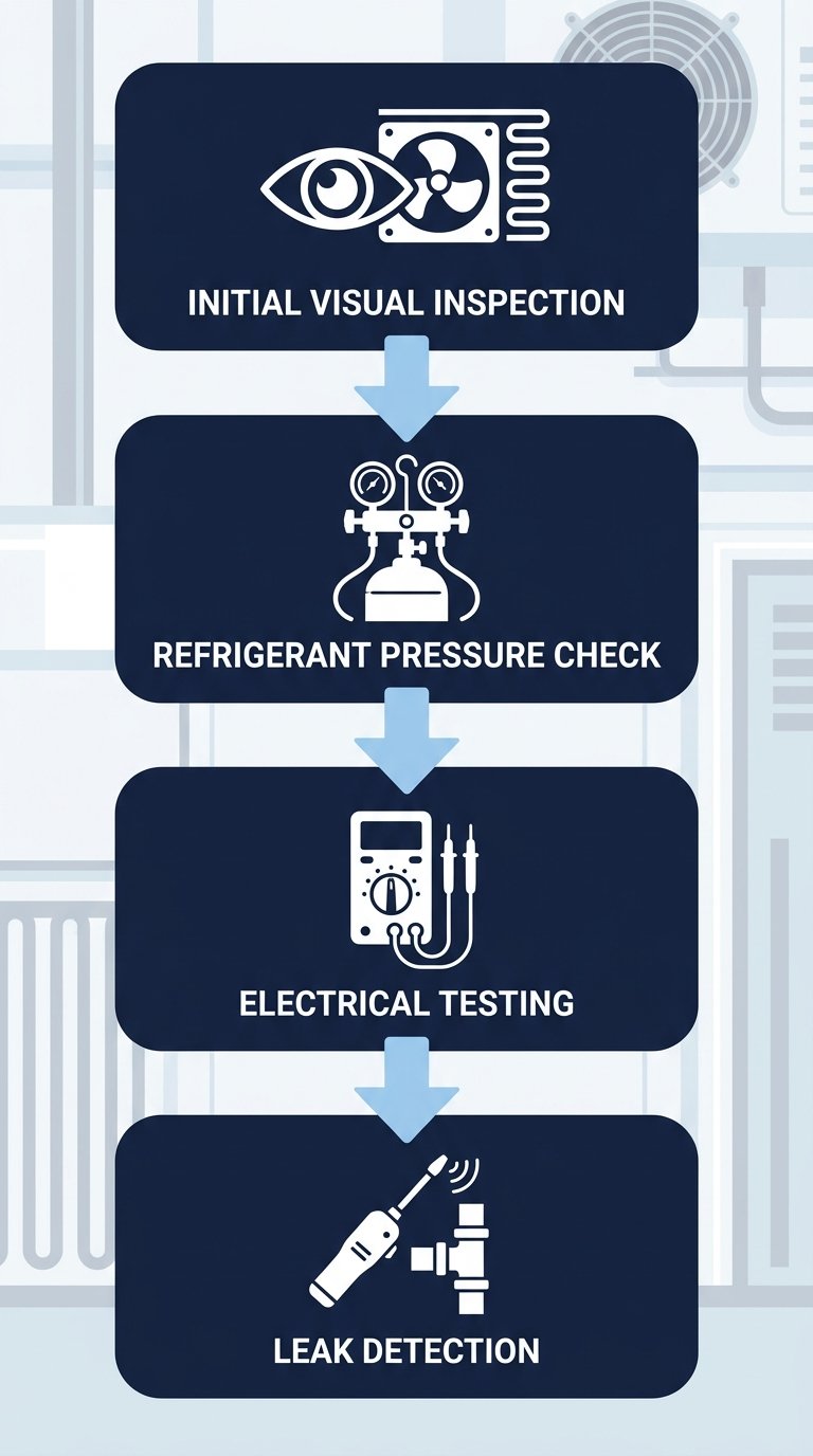 Vertical process flow diagram showing four diagnostic stages for walk-in cooler and freezer repairs: initial visual inspection, refrigerant pressure check, electrical testing, and leak detection, with tool icons on dark navy backgrounds connected by light blue arrows.