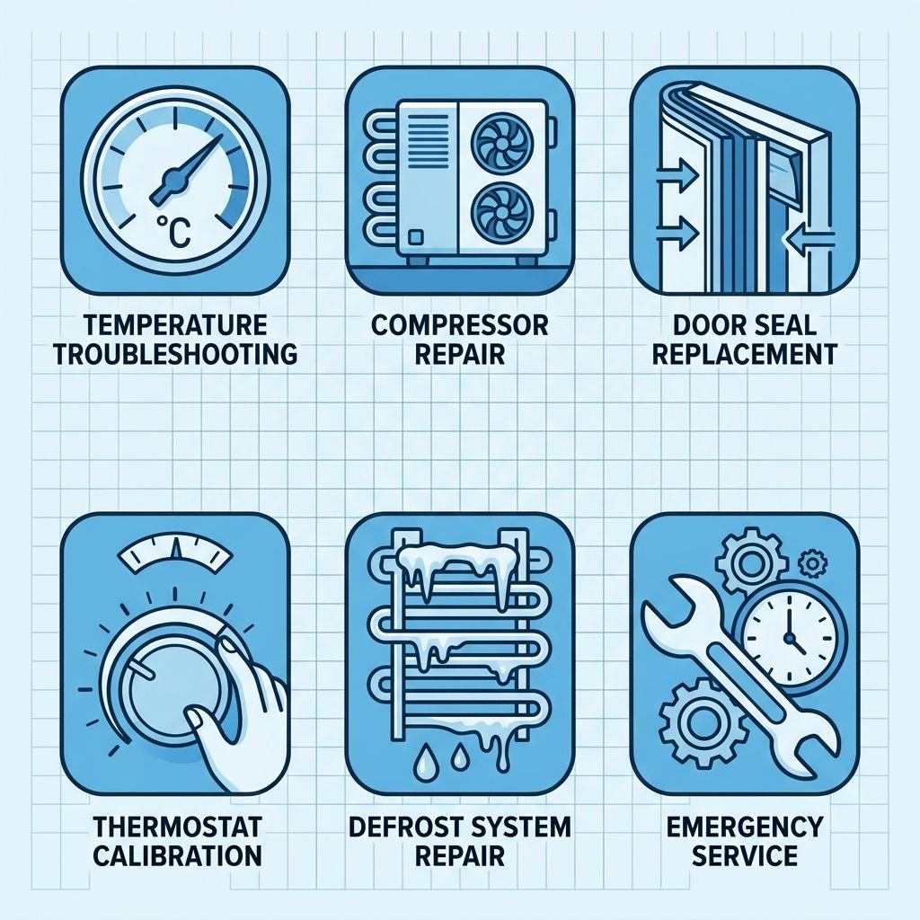 A 2x3 grid of flat icons representing commercial walk-in cooler and freezer services in Chandler: temperature troubleshooting, compressor repair, door seal replacement, thermostat calibration, defrost system repair, and emergency service. Cool blue and white color scheme on a subtle grid background.