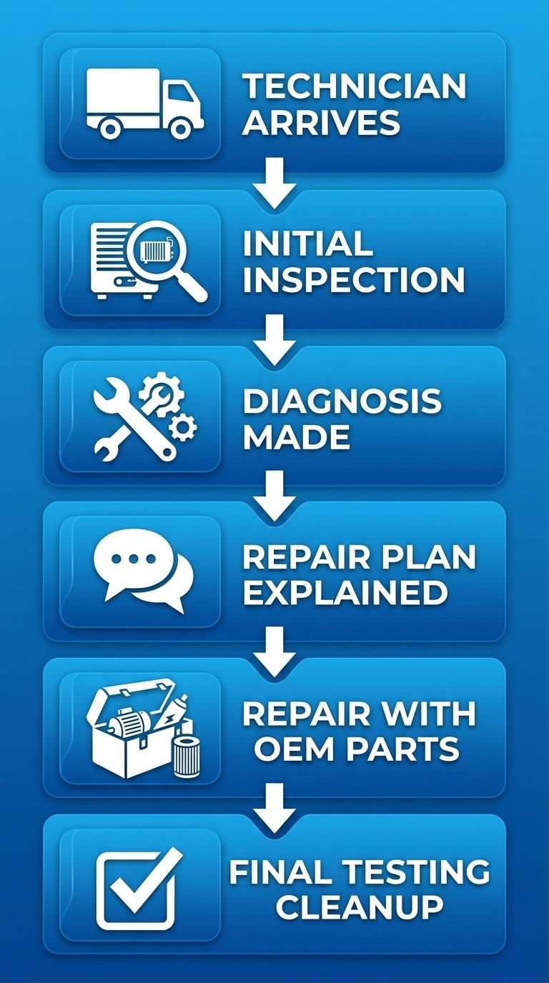 Vertical process flow showing six steps of a technician visit: arrival, inspection, diagnosis, explanation, repair with OEM parts, and final testing for commercial refrigeration service in Scottsdale.