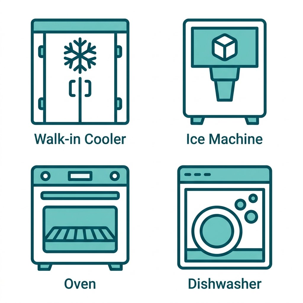 Set of four outlined icons representing emergency commercial repair services in Scottsdale: walk-in cooler, ice machine, oven, and dishwasher with teal colored strokes on white background.