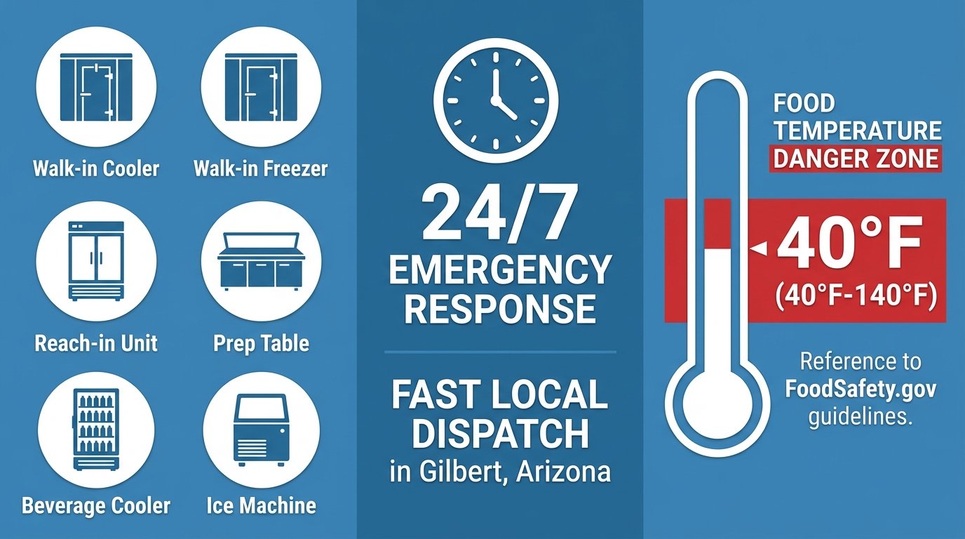 Infographic showing three columns: six equipment icons for commercial refrigeration, a 24/7 emergency clock icon, and a 40°F temperature danger zone warning relevant to Gilbert, Arizona food safety.