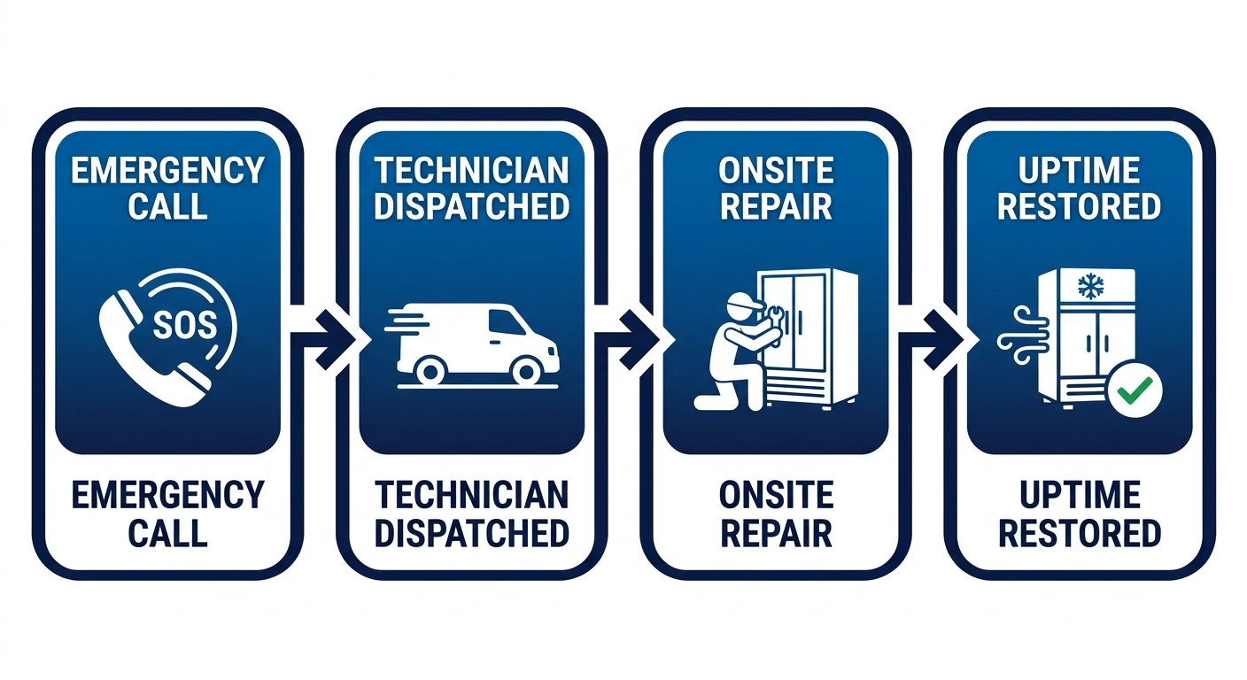 Horizontal process flow diagram showing four steps for commercial appliance repair: emergency call, technician dispatch with OEM parts, same-day onsite repair, and restored kitchen uptime