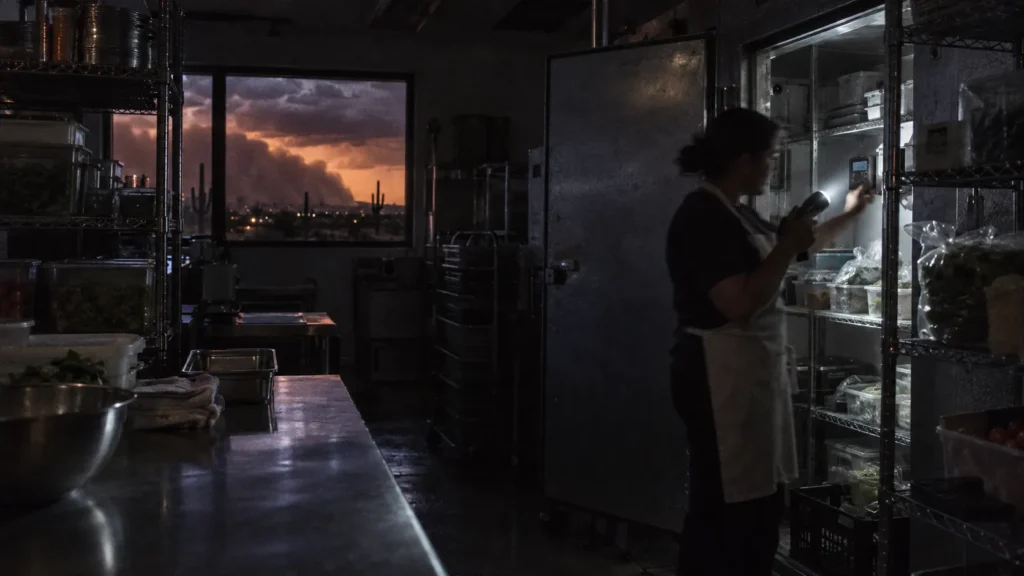 Kitchen staff member checking a walk-in cooler by flashlight during a power outage, with a dust storm visible through the window at sunset