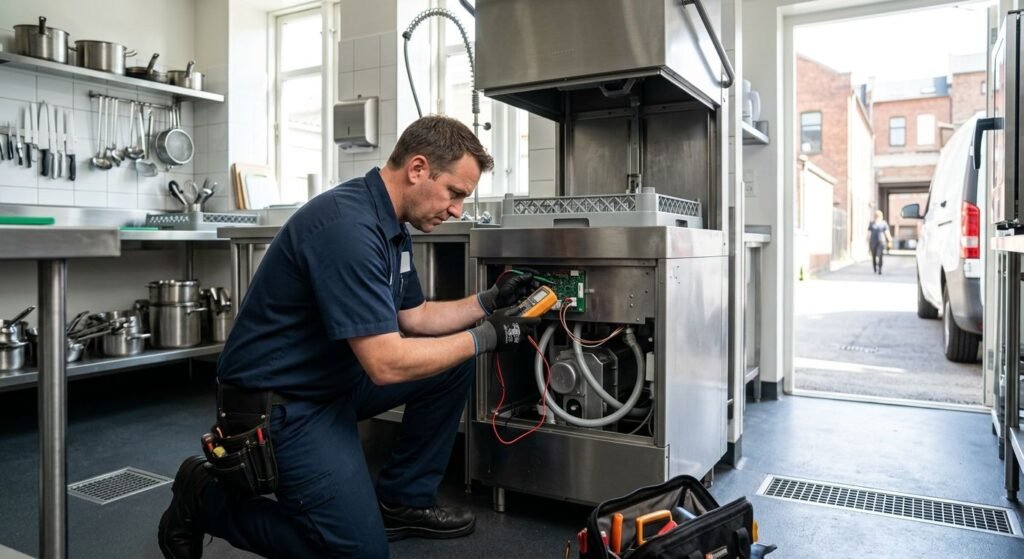 Professional photograph of a certified technician inspecting an industrial dishwasher in a restaurant kitchen with a service vehicle visible outside