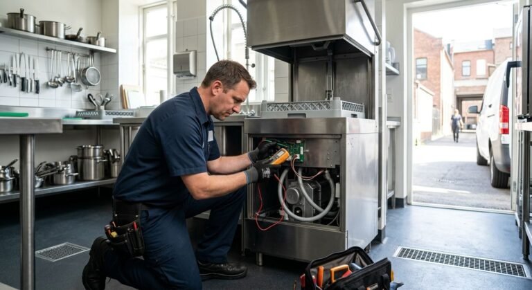 Professional photograph of a certified technician inspecting an industrial dishwasher in a restaurant kitchen with a service vehicle visible outside