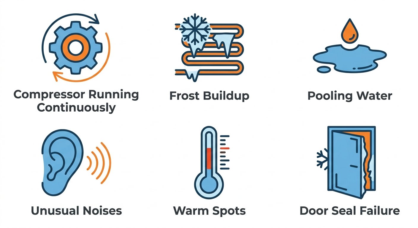 Flat icon set illustrating six critical walk-in freezer warning signs: compressor running continuously, frost buildup, pooling water, unusual noises, warm spots, and door seal failure.