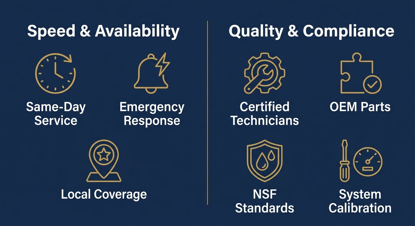Infographic with two columns: Speed & Availability showing icons for same-day service, rapid response, local coverage; and Quality & Compliance showing icons for certified technicians, OEM parts, NSF standards, system calibration.